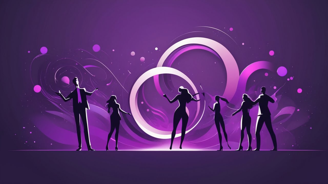 Ilustração: figuras humanóides estilizadas envoltas em grafismos abstratos sobre fundo gradiente roxo